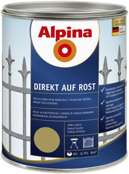 Metallivärv Alpina Direkt Auf Rost 750 ml, kuldne läikiv