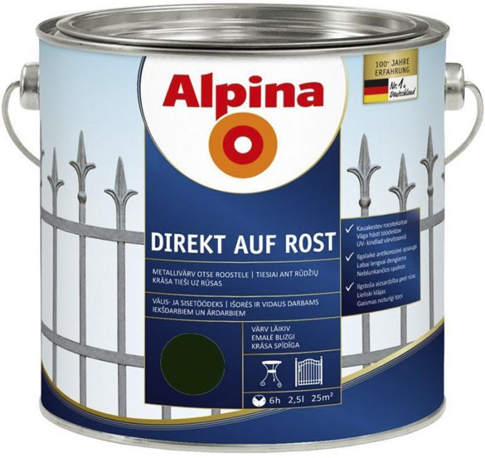 Metallivärv Alpina Direkt Auf Rost 2,5 l, tumeroheline läikiv