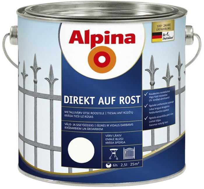 Metallivärv Alpina Direkt Auf Rost 2,5 l valge läikiv