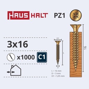 Puidukruvi Haushalt PZ1, 3 x 16 mm, kollane, 1000 tk