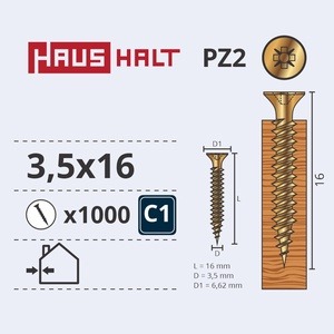 Puidukruvi Haushalt PZ2, 3.5 x 16 mm, kollane, 1000 tk