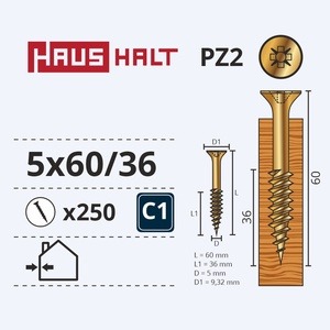 Puidukruvi Haushalt PZ2, 5 x 60 mm, kollane, 250 tk