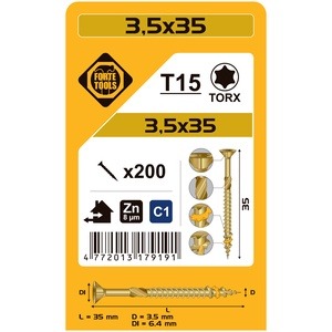 Puidukruvi Forte Tools TX15, 3.5 x 35 mm, kollane, 200 tk