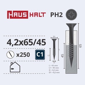 Puidukruvi Haushalt, 4.2 x 65 mm, hall, 250 tk