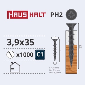 Puidukruvi Haushalt PH2, 3.9 x 35 mm, hall, 1000 tk