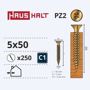 Puidukruvi Haushalt PZ2, 5 x 50 mm, kollane, 250 tk