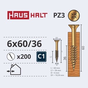 Puidukruvi Haushalt PZ3, 6 x 60 mm, kollane, 200 tk