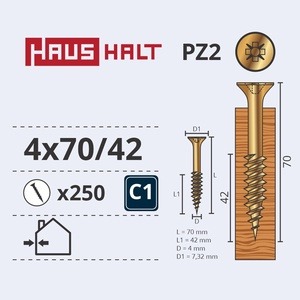 Puidukruvi Haushalt PZ2, 4 x 70 mm, kollane, 250 tk