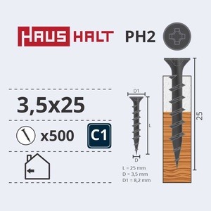 Puidukruvi Haushalt PH2, 3.5 x 25 mm, hall, 500 tk