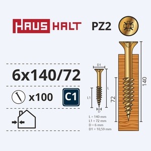 Puidukruvi Haushalt PZ3, 6 x 140 mm, kollane, 100 tk