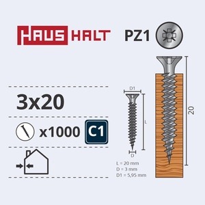 Puidukruvi Haushalt PZ1, 3 x 20 mm, valge, 1000 tk