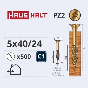 Puidukruvi Haushalt PZ2, 5 x 40 mm, kollane, 500 tk