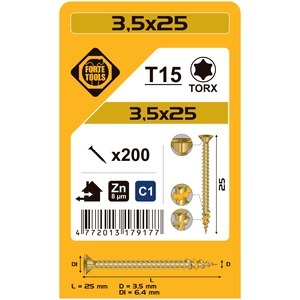 Puidukruvi Forte Tools TX15, 3.5 x 25 mm, kollane, 200 tk