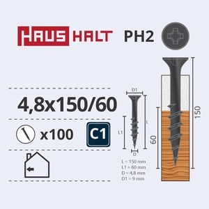 Puidukruvi Haushalt PH2, 4.8 x 150 mm, hall, 100 tk