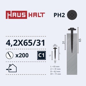 Isekeermestavad kruvid Haushalt DIN 14566, 4.2x65 mm, 200 tk