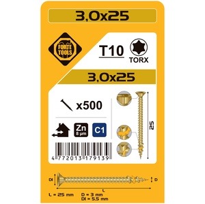 Puidukruvi Forte Tools TX10, 3 x 25 mm, kollane, 500 tk