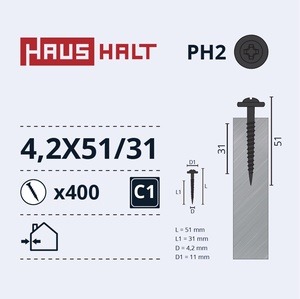 Isekeermestavad kruvid Haushalt DIN 14566, 4.2x51 mm, 400 tk