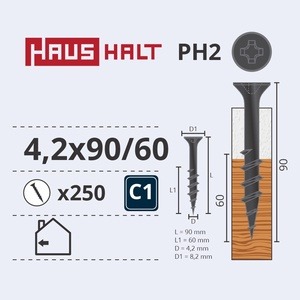 Puidukruvi Haushalt PH2, 4.2 x 90 mm, hall, 250 tk