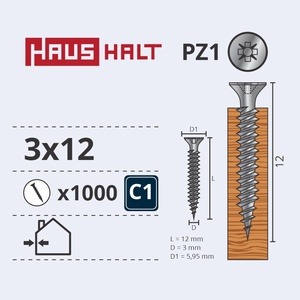 Puidukruvi Haushalt PZ1, 3 x 12 mm, valge, 1000 tk