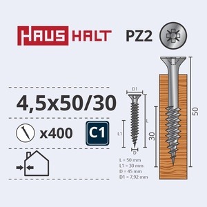 Puidukruvi Haushalt PZ2, 4.5 x 50 mm, valge, 400 tk