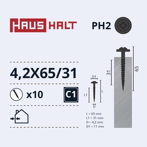 Isekeermestavad kruvid Haushalt DIN 14566, 4.2 mm x 61 mm/31 mm, 10 tk