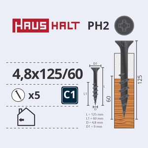 Puidukruvi Haushalt, 4.8 x 125 mm, hall, 5 tk