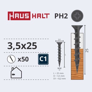 Puidukruvi Haushalt PH2, 3.5 x 25 mm, hall, 50 tk