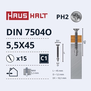 Isekeermestavad kruvid Haushalt DIN 7504O, 5.5 mm x 45 mm, 15 tk