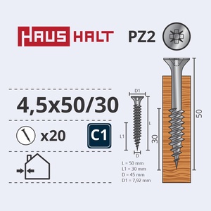 Puidukruvi Haushalt PZ2, 4.5 x 50 mm/30 mm, valge, 20 tk