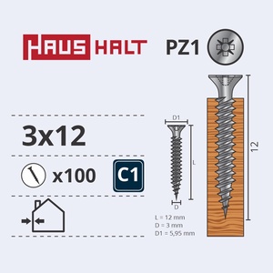 Puidukruvi Haushalt, 3 x 12 mm, valge, 100 tk