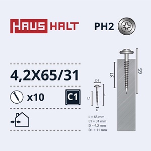 Isekeermestavad kruvid Haushalt DIN 14566, 4.2 mm x 65 mm/31 mm, 10 tk