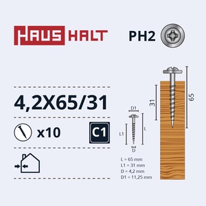 Isekeermestavad kruvid Haushalt, 4.2 mm x 65 mm, 10 tk